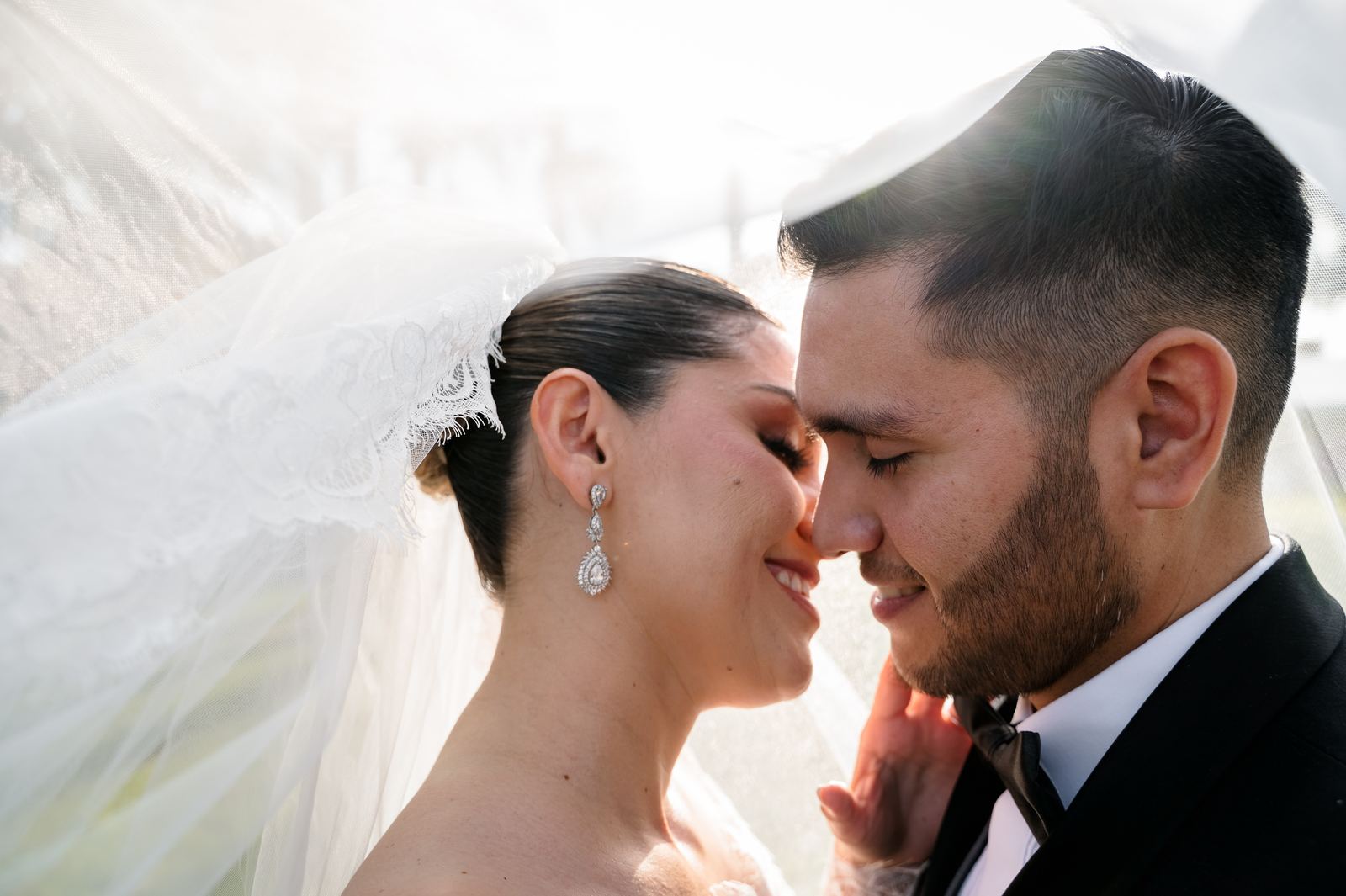 Los novios frente a frente bajo el velo a contraluz